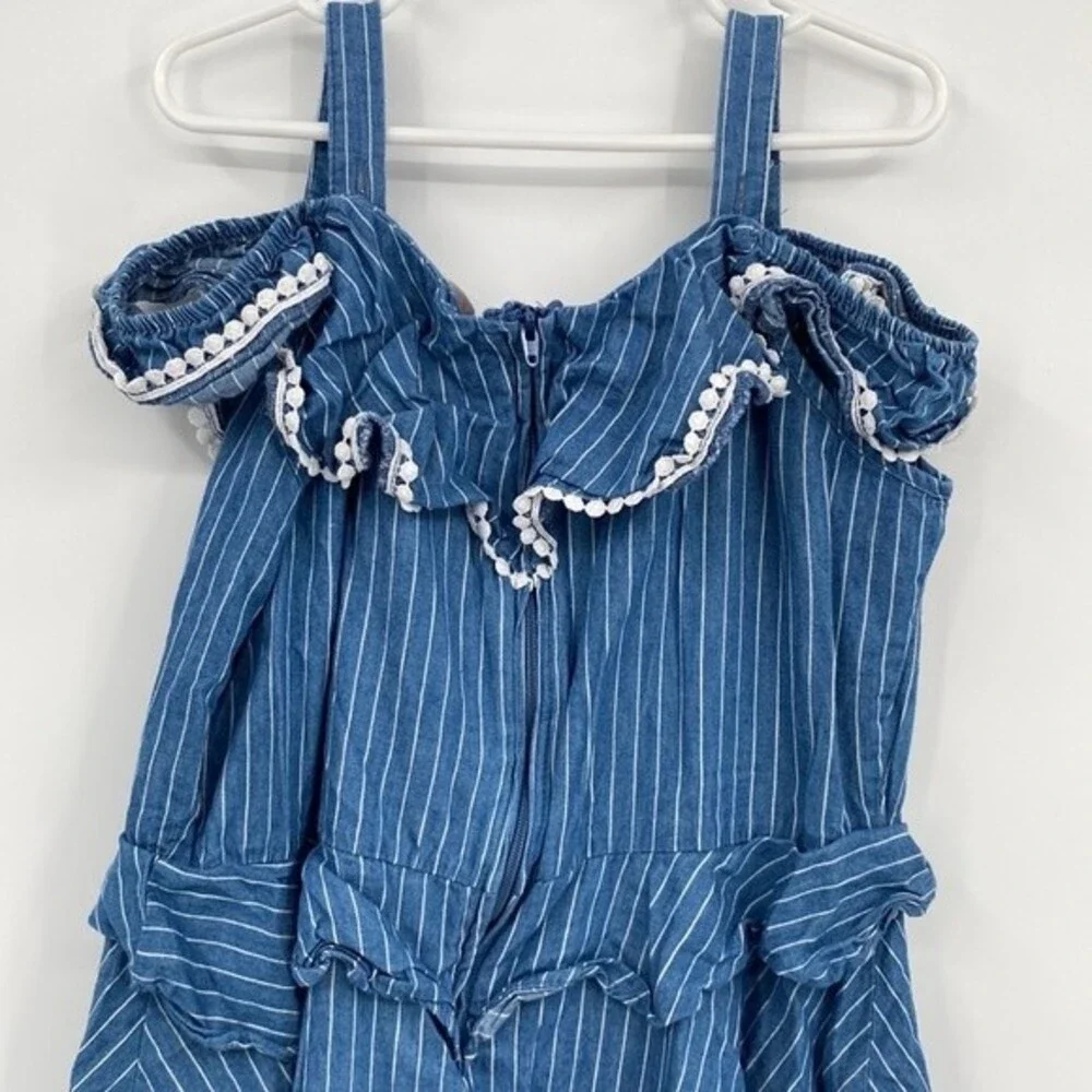 BCBGirls Stripes Off-The-Shoulder Ruffle Trim Summer Dress Blue Size M 10/12